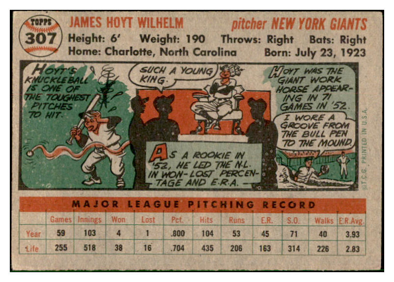 1956 Topps Baseball #307 Hoyt Wilhelm Giants VG-EX 537509