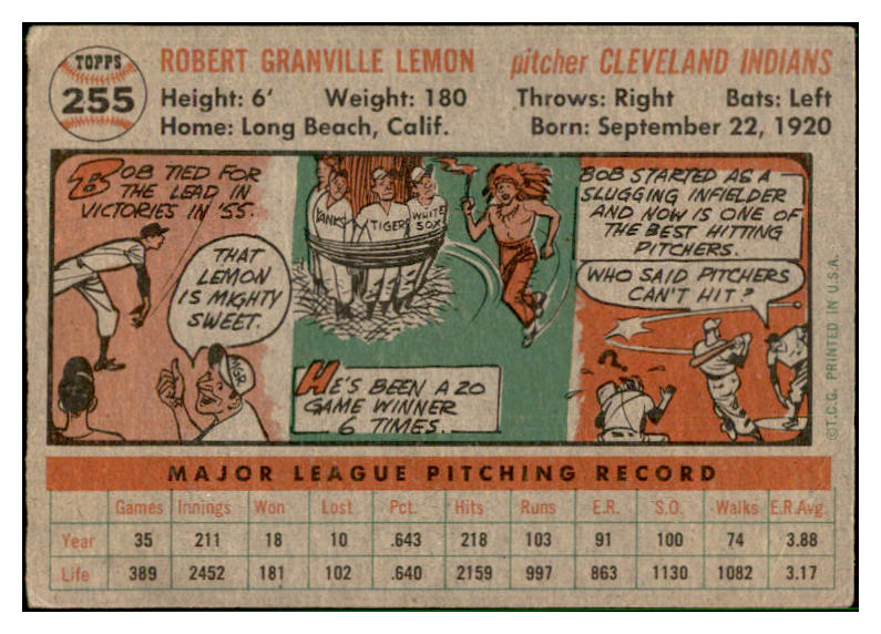 1956 Topps Baseball #255 Bob Lemon Indians VG-EX 537513