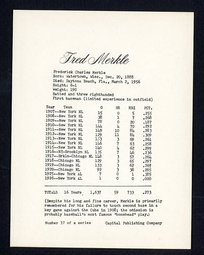1974 Capital Publishing #037 Fred Merkle Giants NR-MT 537618