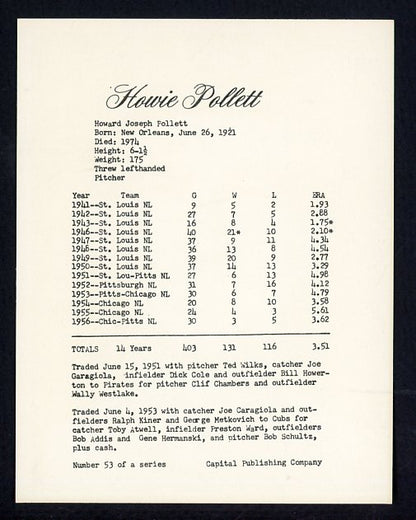 1974 Capital Publishing #053 Howie Pollet Cardinals NR-MT 537620