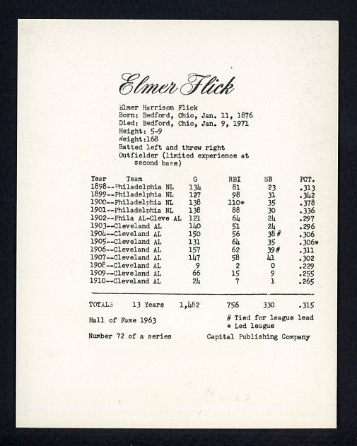 1974 Capital Publishing #072 Elmer Flick Indians NR-MT 537639