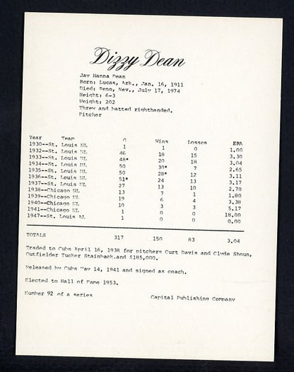 1974 Capital Publishing #092 Dizzy Dean Cardinals NR-MT 537656