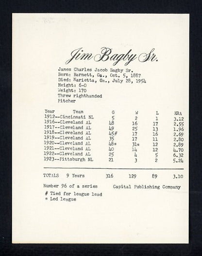 1974 Capital Publishing #096 Jim Bagby Indians EX-MT 537660