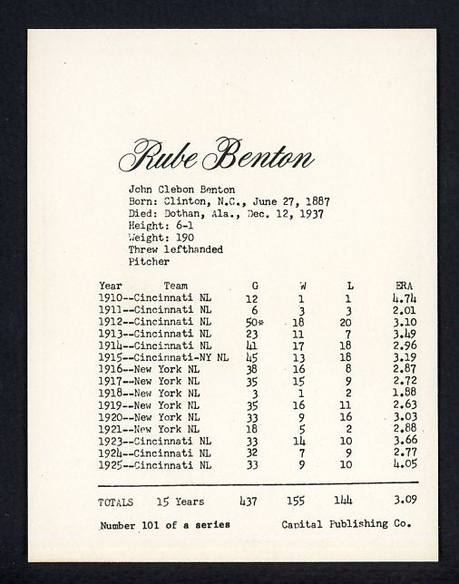 1974 Capital Publishing #101 Rube Benton Reds NR-MT 537665