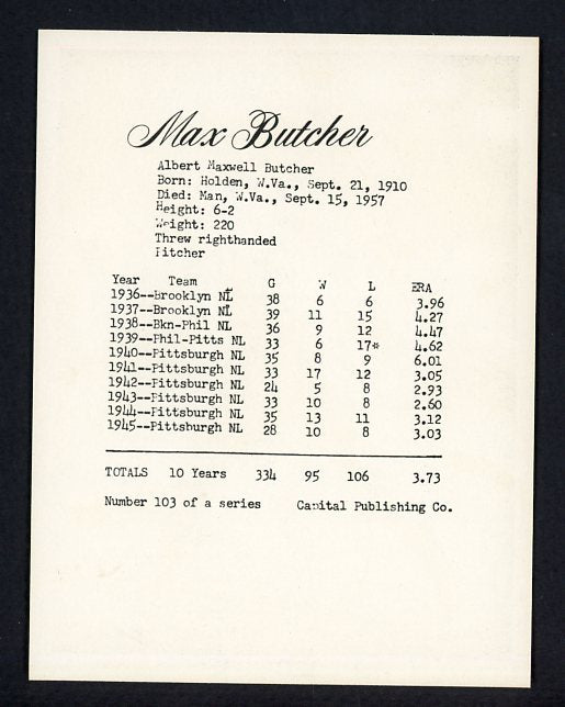1974 Capital Publishing #103 Max Butcher Pirates NR-MT 537667