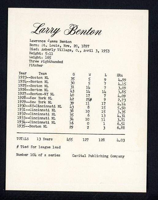 1974 Capital Publishing #104 Larry Benton Reds NR-MT 537668