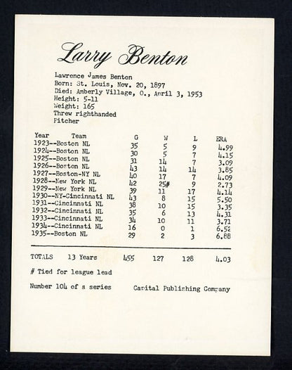 1974 Capital Publishing #104 Larry Benton Reds NR-MT 537668