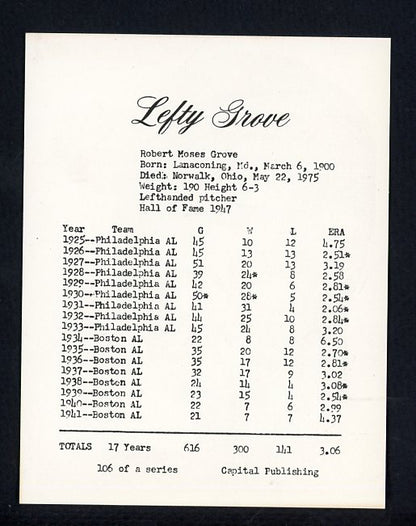 1974 Capital Publishing #106 Lefty Grove A's NR-MT 537670