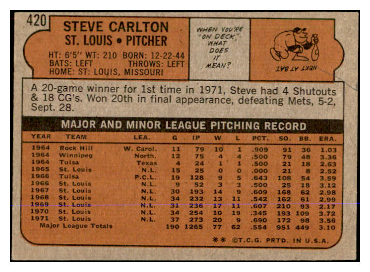 1972 Topps Baseball #420 Steve Carlton Cardinals EX 537688