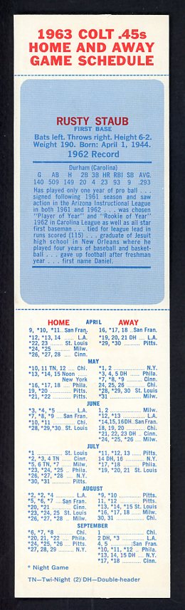 1963 Pepsi Cola Rusty Staub Colt .45s EX-MT w Tab 537800