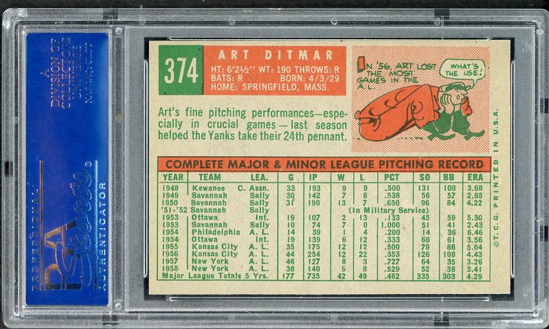 1959 Topps Baseball #374 Art Ditmar Yankees PSA 7 NM 538140