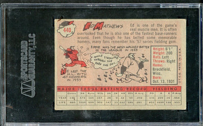 1958 Topps Baseball #440 Eddie Mathews Braves SGC 4.5 VG-EX+ 538425