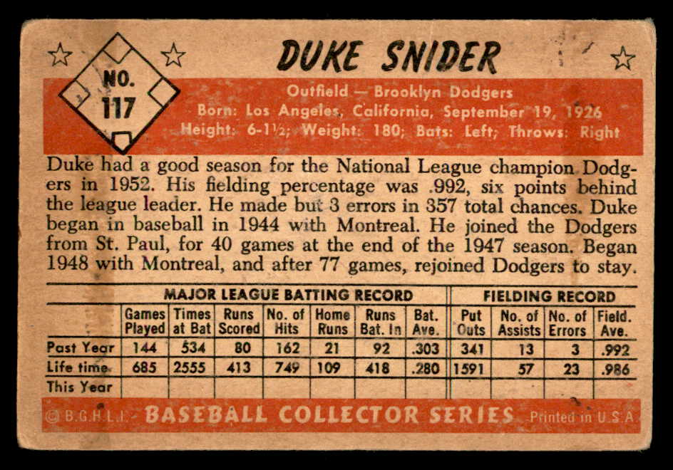 1953 Bowman Color Baseball #117 Duke Snider Dodgers GD-VG 538453