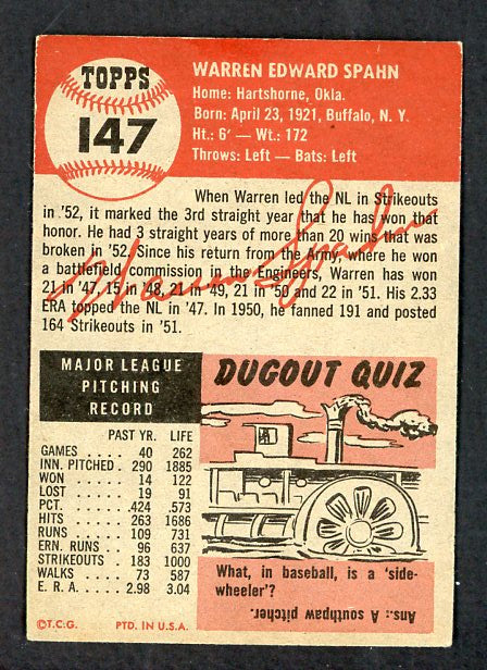 1953 Topps Baseball #147 Warren Spahn Braves EX 538558