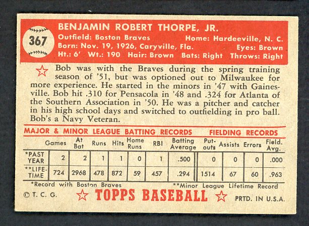 1952 Topps Baseball #367 Bob Thorpe Braves EX-MT 538587