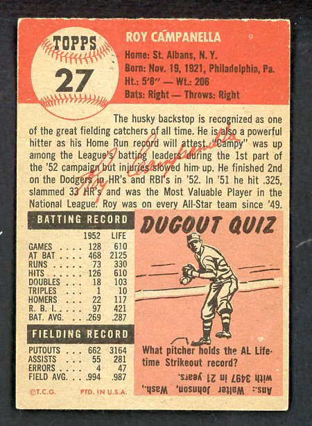 1953 Topps Baseball #027 Roy Campanella Dodgers EX-MT 538606