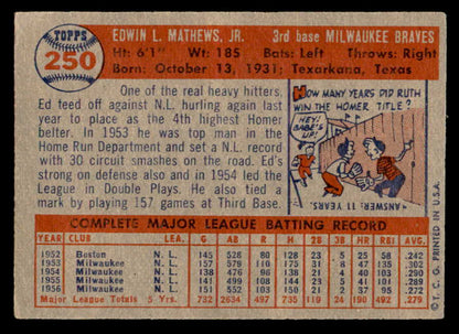 1957 Topps Baseball #250 Eddie Mathews Braves VG-EX 538771