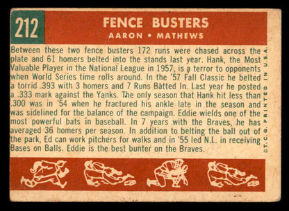 1959 Topps Baseball #212 Hank Aaron Eddie Mathews VG-EX 538816