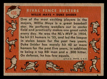 1958 Topps Baseball #436 Willie Mays Duke Snider EX-MT 538826