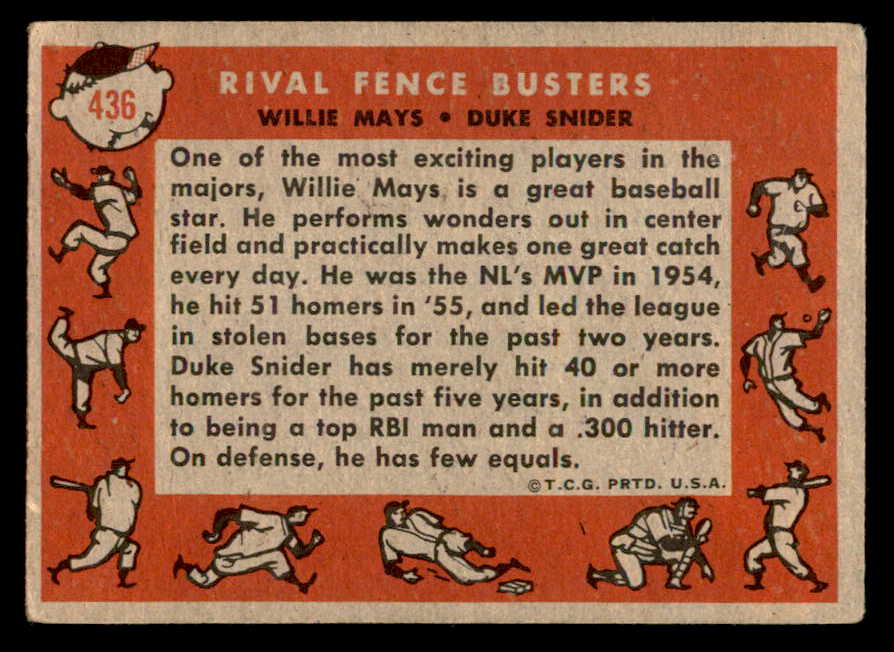 1958 Topps Baseball #436 Willie Mays Duke Snider VG-EX 538828