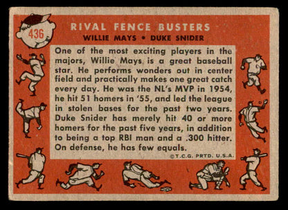 1958 Topps Baseball #436 Willie Mays Duke Snider VG-EX 538828