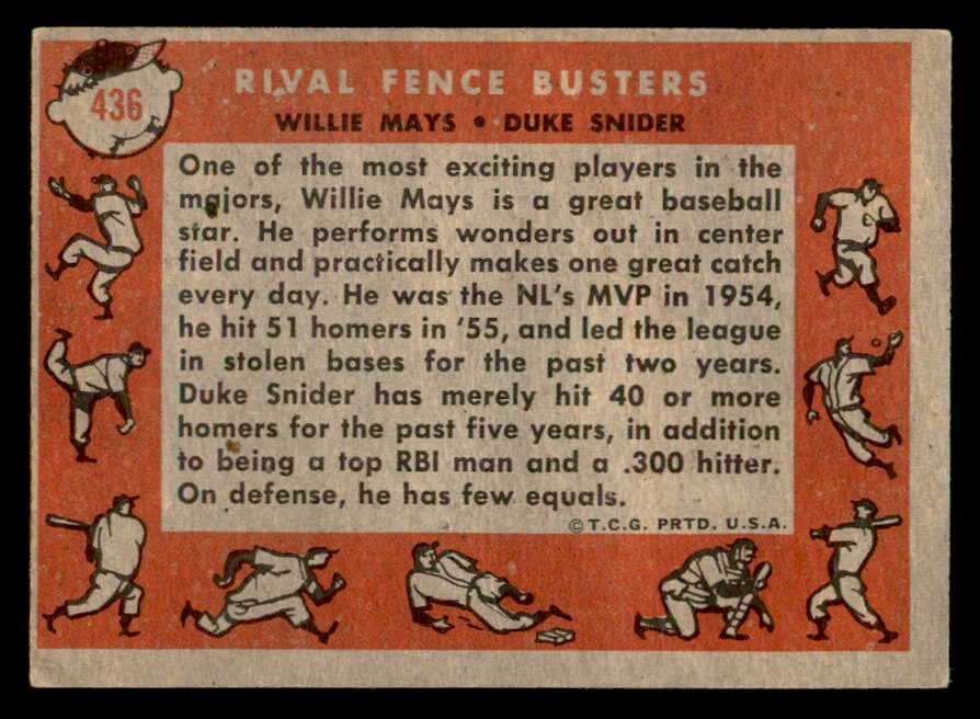 1958 Topps Baseball #436 Willie Mays Duke Snider VG-EX 538829