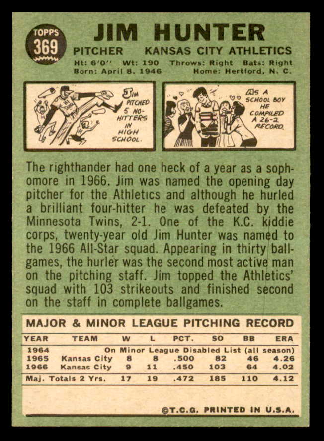 1967 Topps Baseball #369 Catfish Hunter A's NR-MT 538931