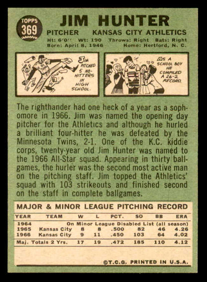 1967 Topps Baseball #369 Catfish Hunter A's NR-MT 538931