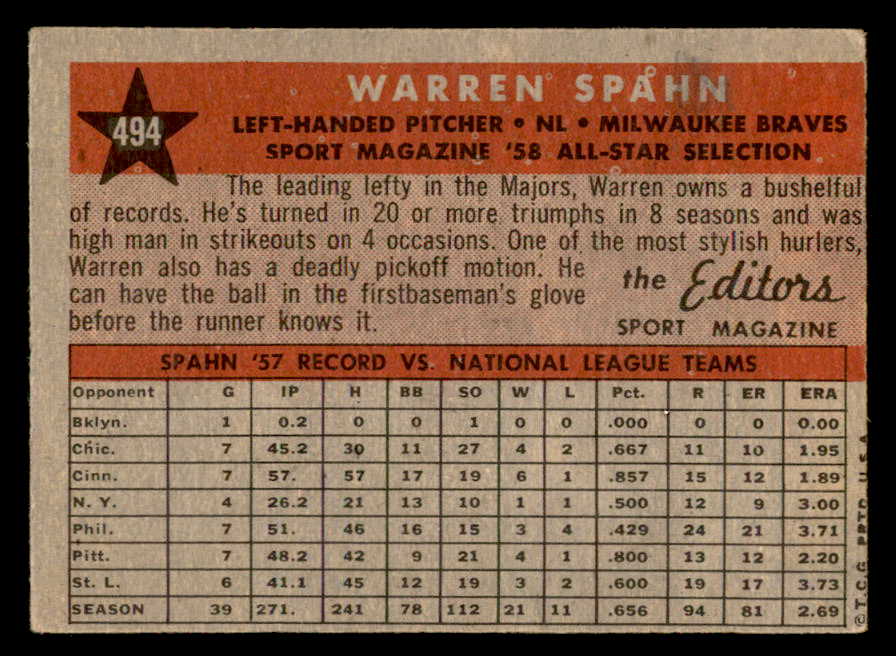 1958 Topps Baseball #494 Warren Spahn A.S. Braves EX 538956
