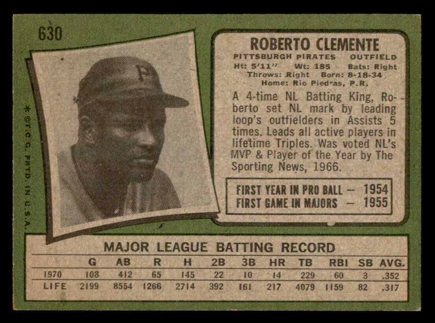 1971 Topps Baseball #630 Roberto Clemente Pirates VG-EX 538983