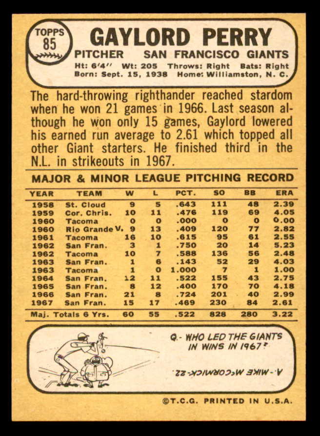 1968 Topps Baseball #085 Gaylord Perry Giants NR-MT 539009