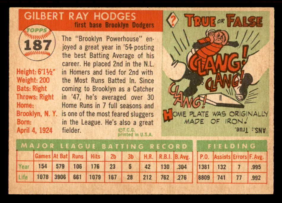 1955 Topps Baseball #187 Gil Hodges Dodgers EX-MT 539037