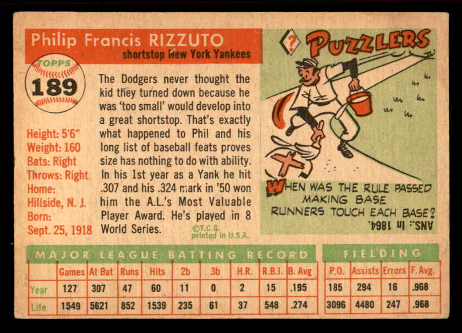 1955 Topps Baseball #189 Phil Rizzuto Yankees VG-EX 539047