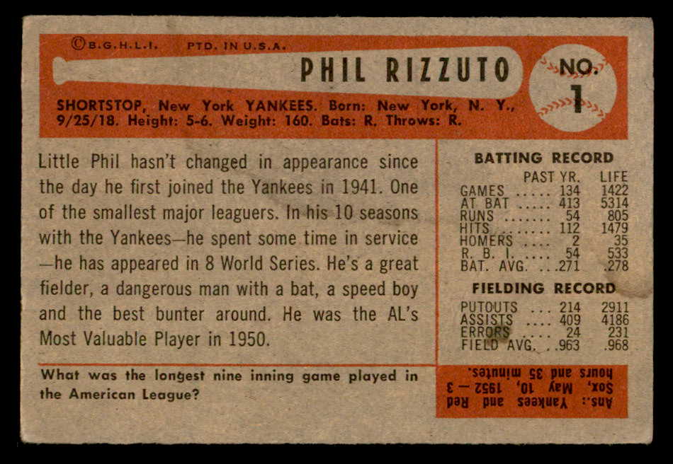 1954 Bowman Baseball #001 Phil Rizzuto Yankees VG-EX 539144