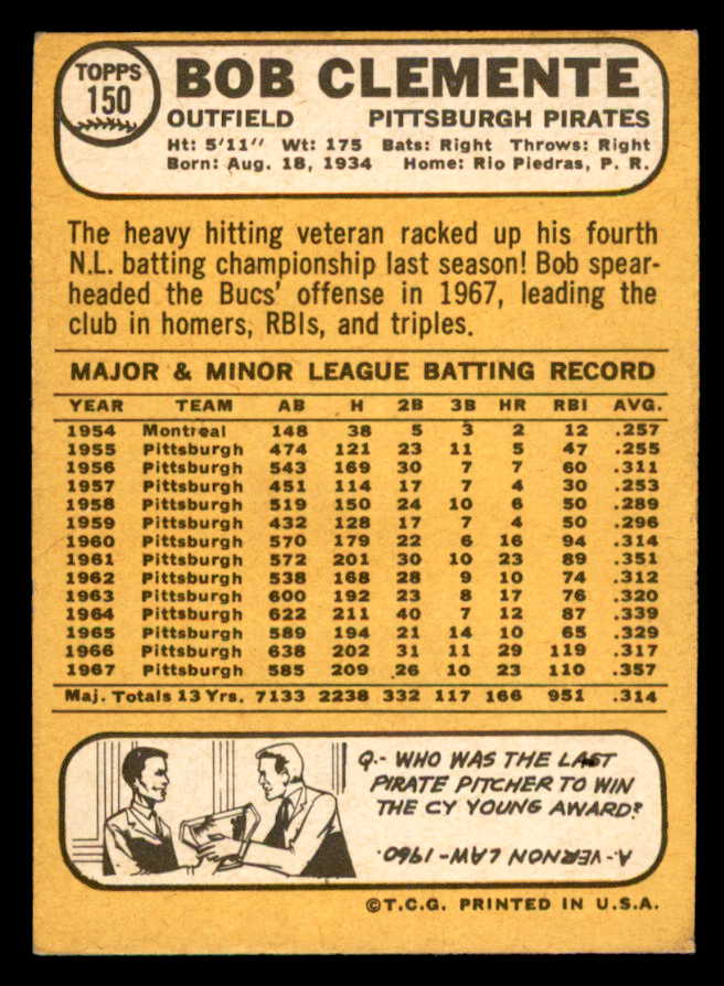 1968 Topps Baseball #150 Roberto Clemente Pirates EX 539176
