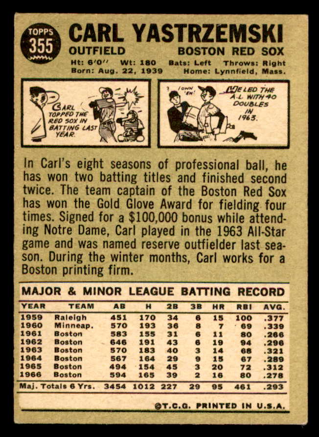 1967 Topps Baseball #355 Carl Yastrzemski Red Sox EX 539194