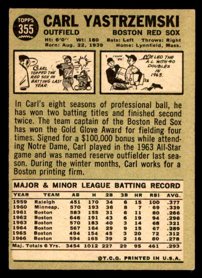 1967 Topps Baseball #355 Carl Yastrzemski Red Sox EX 539194