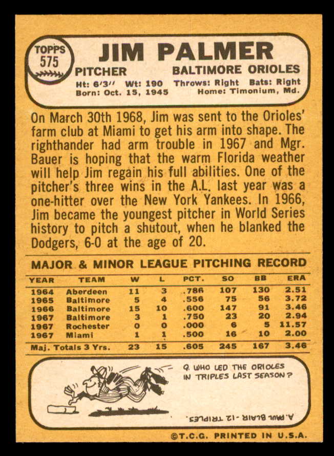 1968 Topps Baseball #575 Jim Palmer Orioles NR-MT 539236
