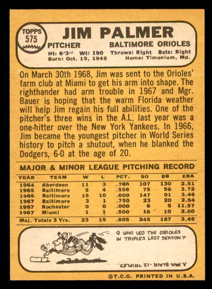 1968 Topps Baseball #575 Jim Palmer Orioles NR-MT 539236