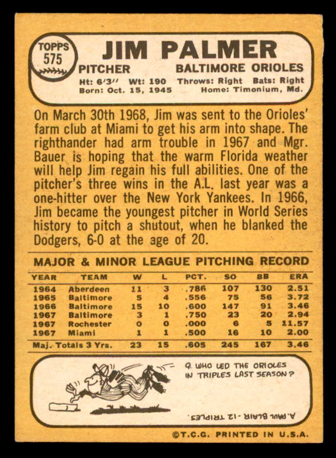 1968 Topps Baseball #575 Jim Palmer Orioles NR-MT 539244