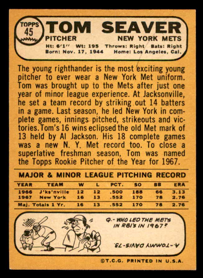 1968 Topps Baseball #045 Tom Seaver Mets NR-MT 539252