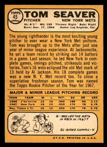 1968 Topps Baseball #045 Tom Seaver Mets NR-MT 539252