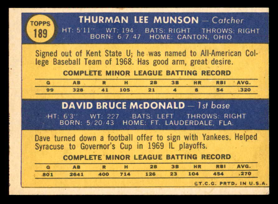 1970 Topps Baseball #189 Thurman Munson Yankees EX 539273