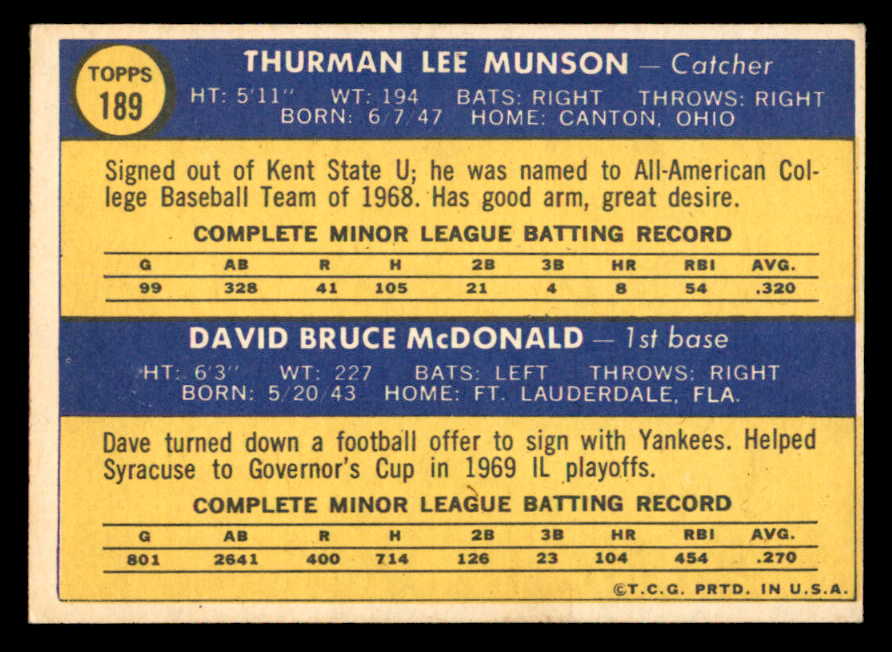 1970 Topps Baseball #189 Thurman Munson Yankees EX-MT 539275