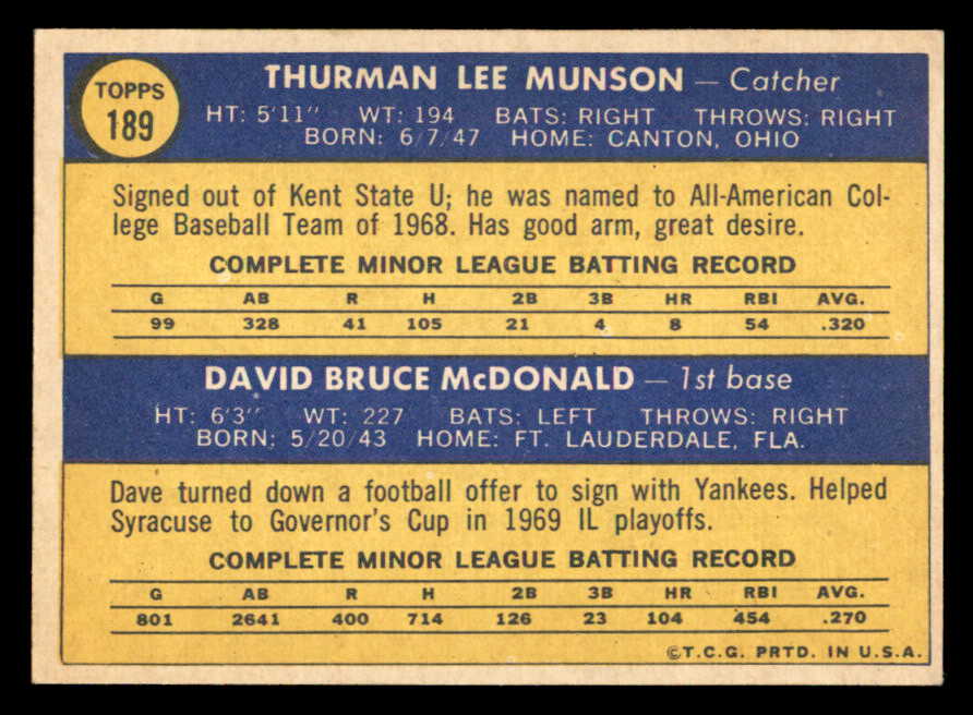 1970 Topps Baseball #189 Thurman Munson Yankees EX-MT 539276