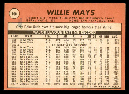 1969 Topps Baseball #190 Willie Mays Giants EX+/EX-MT 539286