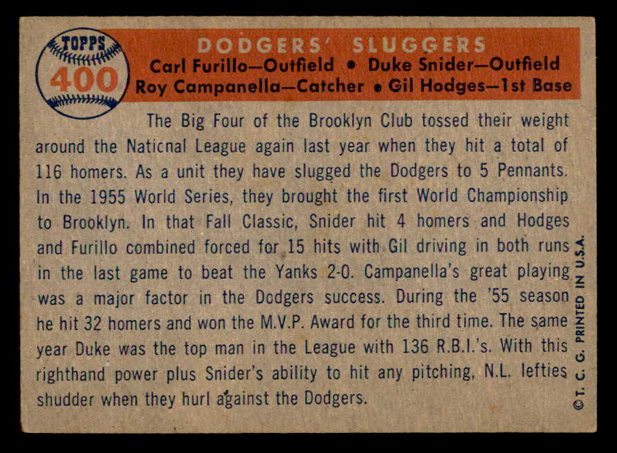 1957 Topps Baseball #400 Roy Campanella Duke Snider Gil Hodges EX 539346