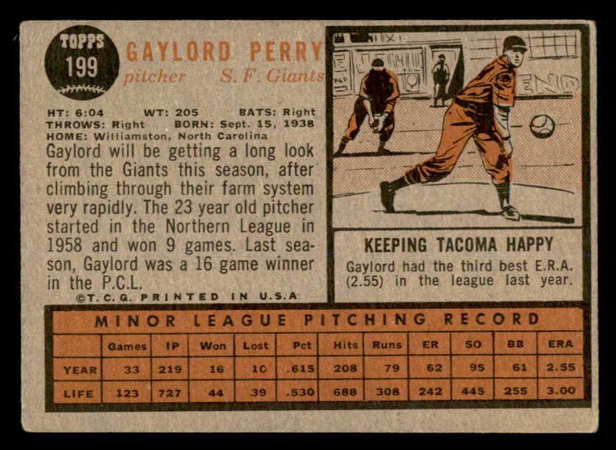 1962 Topps Baseball #199 Gaylord Perry Giants VG-EX 539356