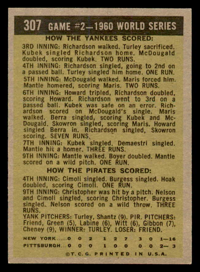 1961 Topps Baseball #307 World Series Game 2 Mickey Mantle EX-MT 539378