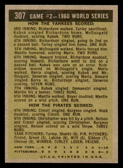 1961 Topps Baseball #307 World Series Game 2 Mickey Mantle EX-MT 539378